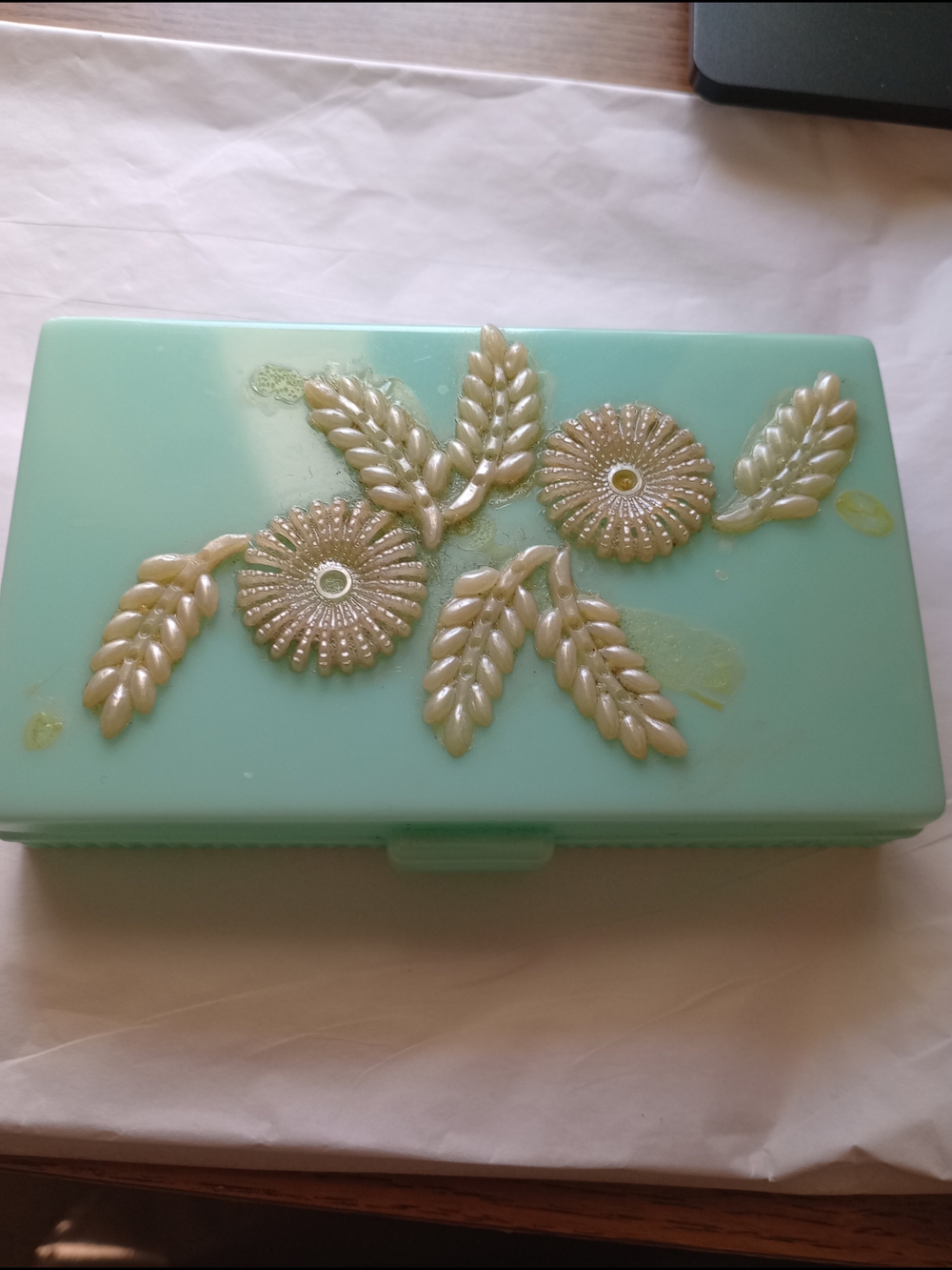 Mint Green Floral.11 1/2" Embellished Schultz Brothers. Dresser Set Part. 1950s.
